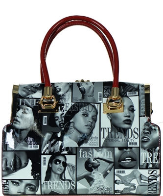 Magazine Print Patent Shoulder Design Handbag NB8003BW